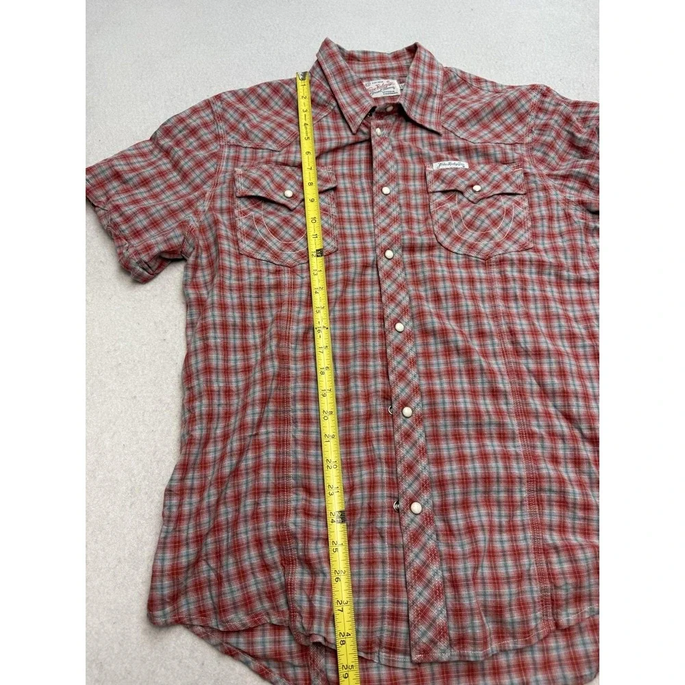 True Religion Shirt Mens 2XL Red Plaid Short Sleeve Western Pearl Snap Pockets